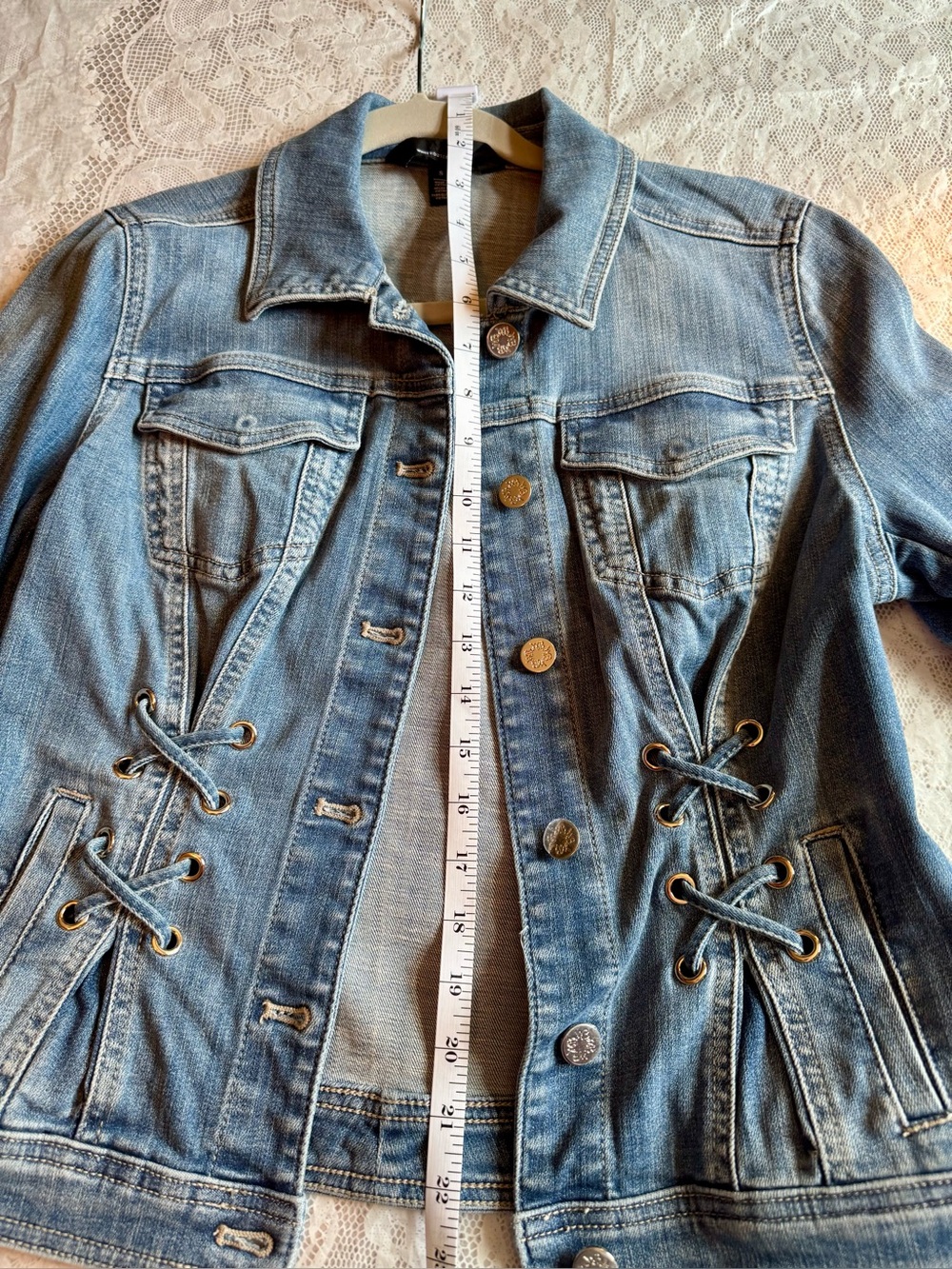 White House Black Market Light Blue Denim Jacket with Lace-Up Sides - Picture 2 of 11
